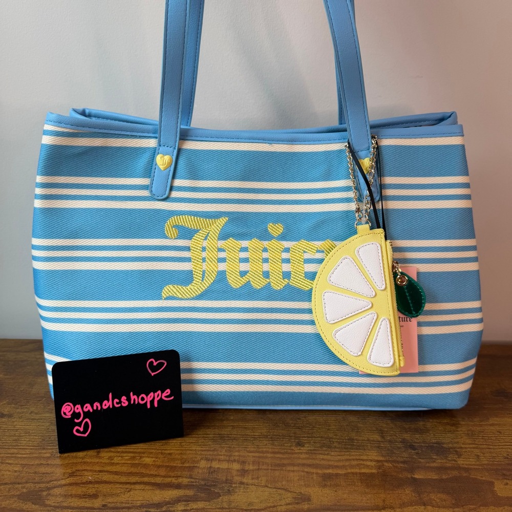New Juicy Couture Paradise Blue Yellow Lemon Tote Shoulder Handbag Summer Cute